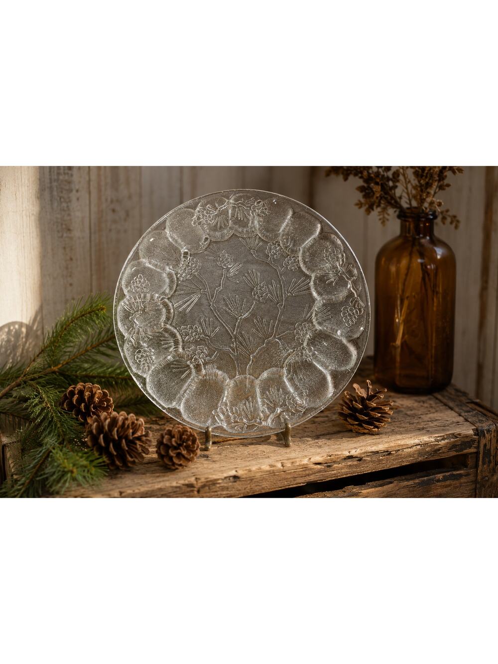 Vintage Tiara Glass Ponderosa Pine Serving Plate Rustic Cabin Decor